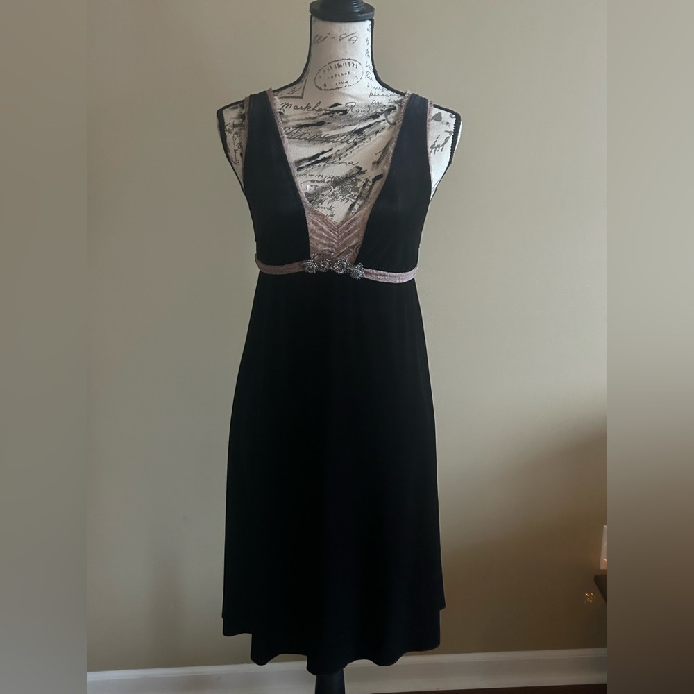 FREE PEOPLE Black Velvet/Nude Lace Tie Back Empire Waist Dress M-L Beaded Front